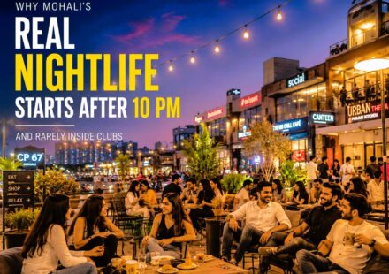 Young people enjoying Mohali nightlife with cars, neon lights, food spots, and late-night social energy