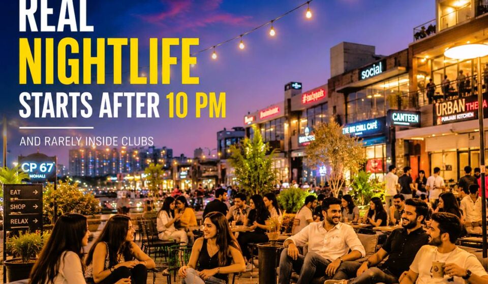 Young people enjoying Mohali nightlife with cars, neon lights, food spots, and late-night social energy