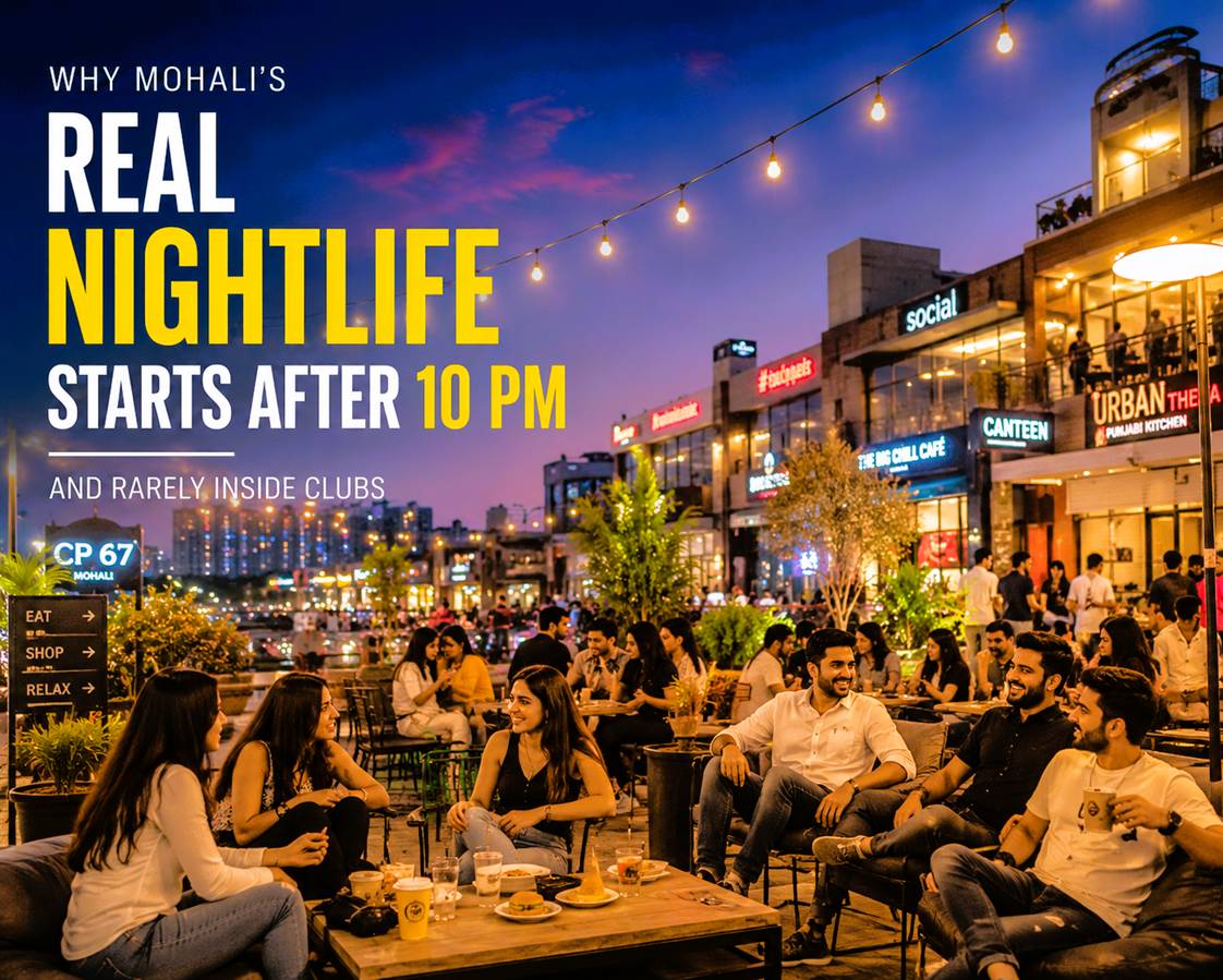 Young people enjoying Mohali nightlife with cars, neon lights, food spots, and late-night social energy