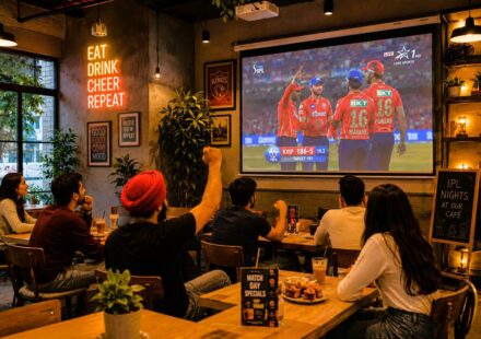 Young crowds watching IPL screening inside a lively Mohali café with projector screens and cricket atmosphere