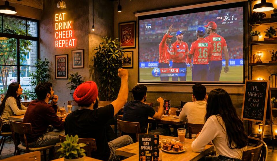 Young crowds watching IPL screening inside a lively Mohali café with projector screens and cricket atmosphere
