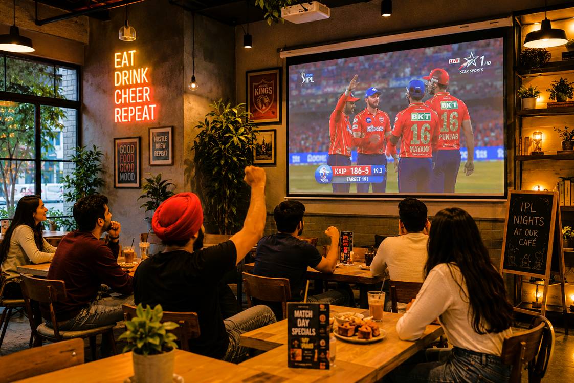 Young crowds watching IPL screening inside a lively Mohali café with projector screens and cricket atmosphere