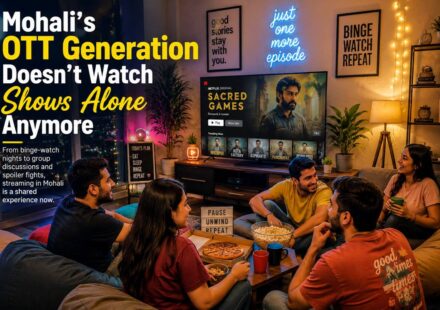 Young people in a Mohali apartment watching OTT shows together with snacks, mood lighting, and streaming culture vibes