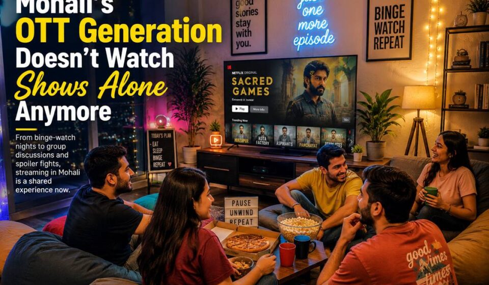 Young people in a Mohali apartment watching OTT shows together with snacks, mood lighting, and streaming culture vibes