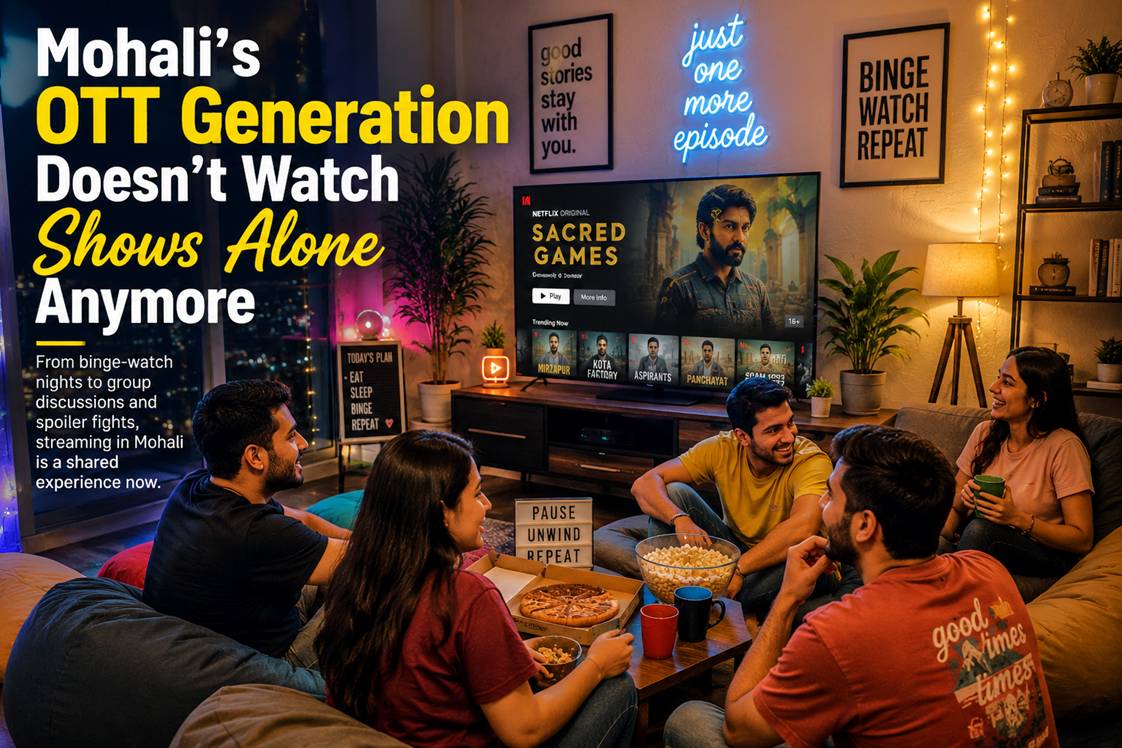 Young people in a Mohali apartment watching OTT shows together with snacks, mood lighting, and streaming culture vibes