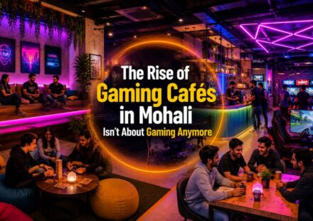 Young people socializing inside a neon-lit gaming café in Mohali with consoles, PCs, snacks, and esports atmosphere