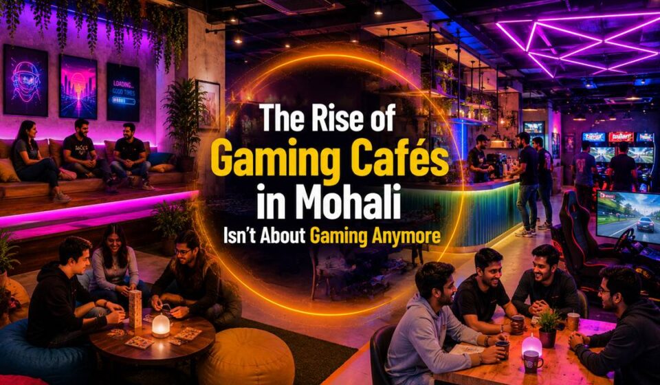 Young people socializing inside a neon-lit gaming café in Mohali with consoles, PCs, snacks, and esports atmosphere