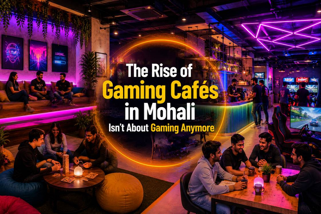 Young people socializing inside a neon-lit gaming café in Mohali with consoles, PCs, snacks, and esports atmosphere
