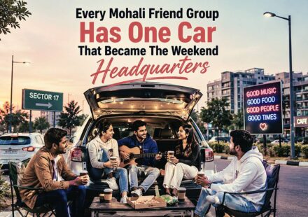 Young friends hanging out inside and around a car during a late-night drive in Mohali with music, food, and social vibes