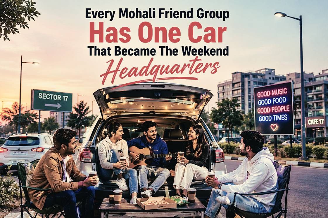 Young friends hanging out inside and around a car during a late-night drive in Mohali with music, food, and social vibes