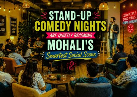 Young audience enjoying a live stand-up comedy performance at a stylish café venue in Mohali