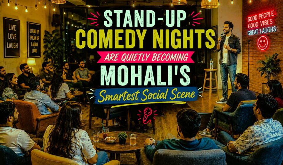 Young audience enjoying a live stand-up comedy performance at a stylish café venue in Mohali