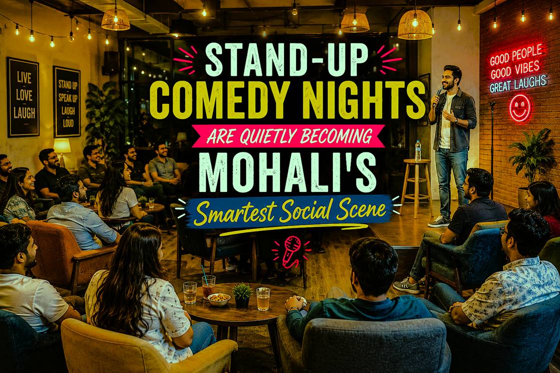 Young audience enjoying a live stand-up comedy performance at a stylish café venue in Mohali