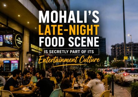 Young people enjoying late-night food culture in Mohali with cars, cafés, street food, and social nightlife vibes