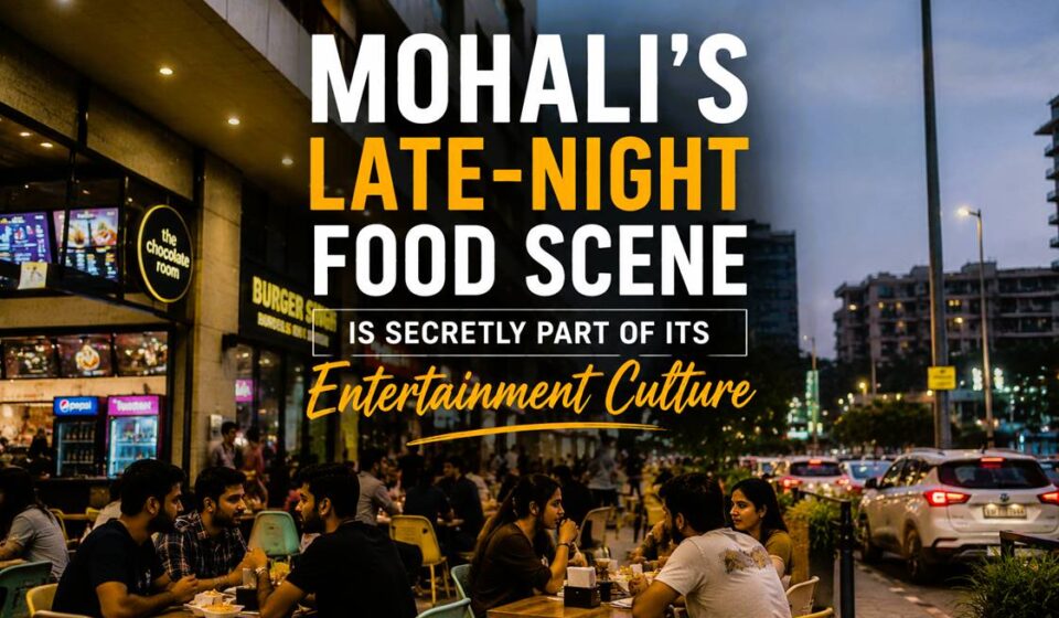 Young people enjoying late-night food culture in Mohali with cars, cafés, street food, and social nightlife vibes