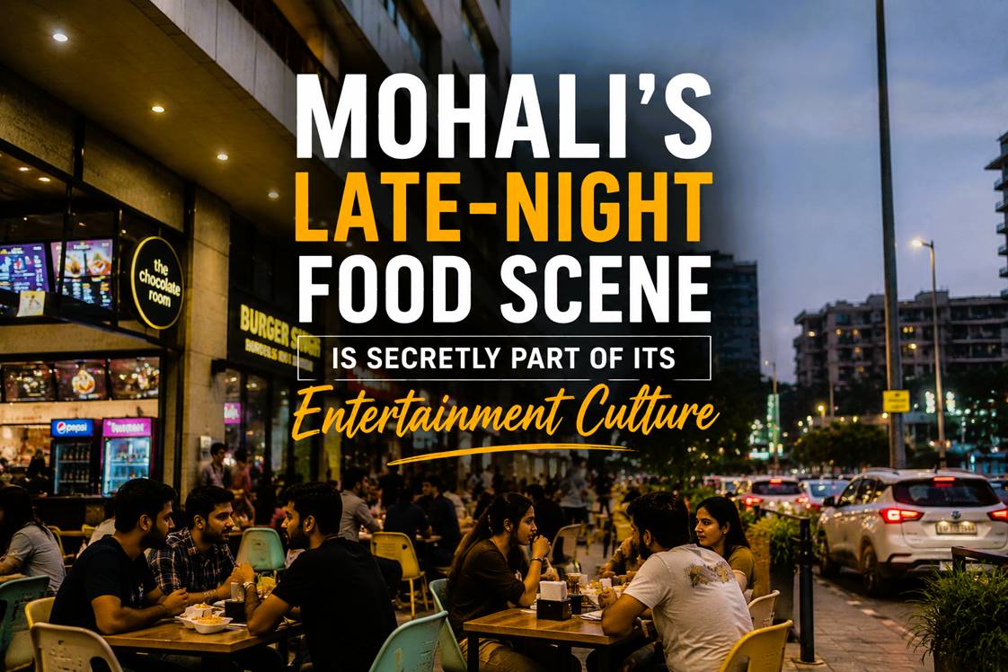 Young people enjoying late-night food culture in Mohali with cars, cafés, street food, and social nightlife vibes