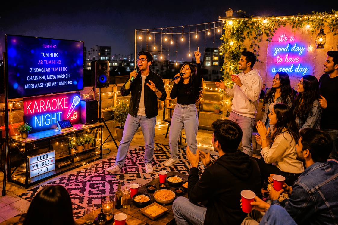 Young people enjoying karaoke nights, open mics, and activity cafés in Mohali instead of traditional clubbing