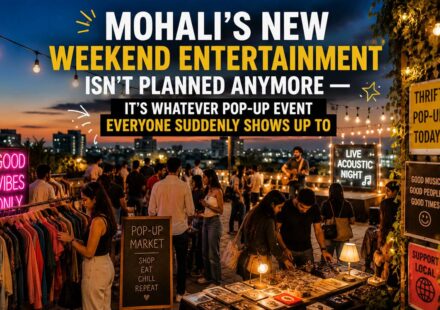 Young crowds attending trendy pop-up events, rooftop gatherings, flea markets, and live music nights in Mohali