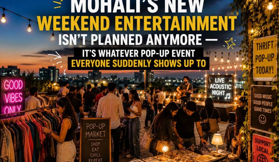 Young crowds attending trendy pop-up events, rooftop gatherings, flea markets, and live music nights in Mohali