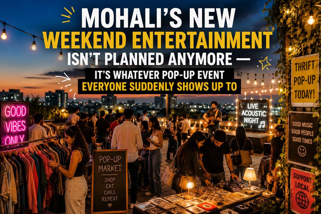 Young crowds attending trendy pop-up events, rooftop gatherings, flea markets, and live music nights in Mohali