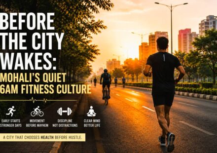 Runners and cyclists training during a foggy early morning in Mohali