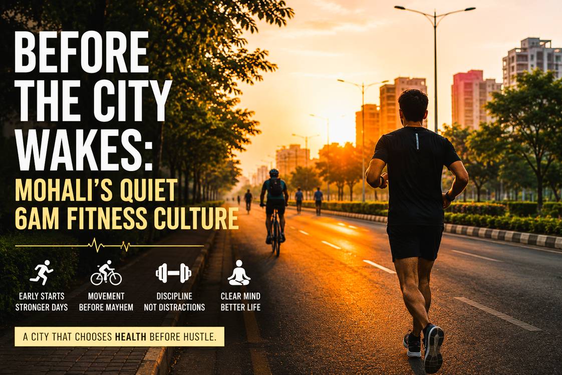 Runners and cyclists training during a foggy early morning in Mohali