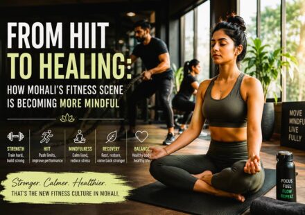 People practicing yoga, mobility training, and mindful fitness inside a modern wellness studio in Mohali