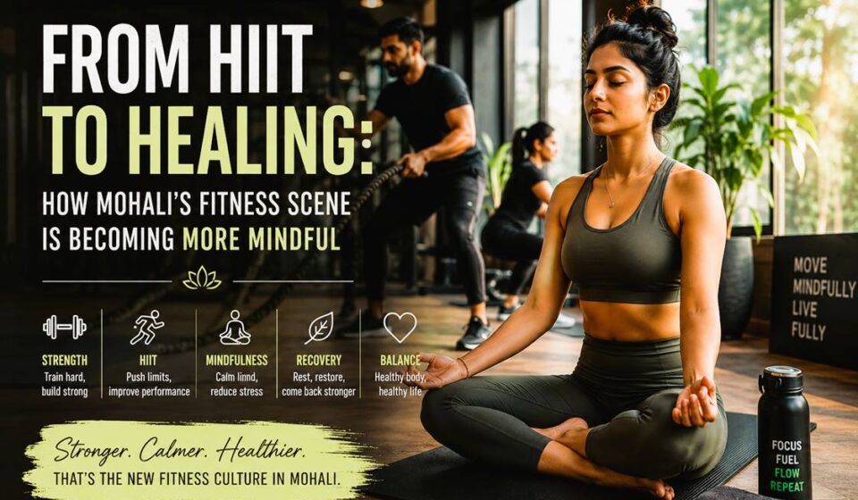 People practicing yoga, mobility training, and mindful fitness inside a modern wellness studio in Mohali