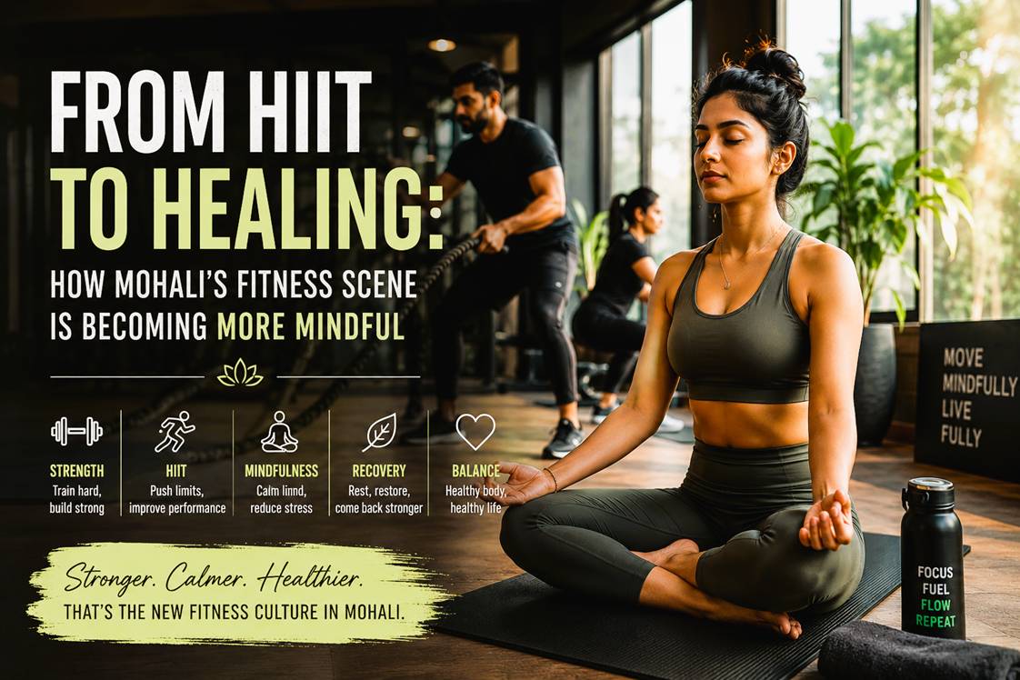 People practicing yoga, mobility training, and mindful fitness inside a modern wellness studio in Mohali