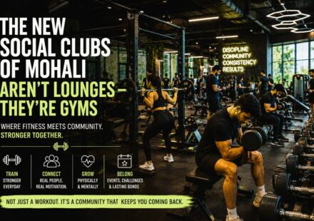 Young professionals socializing inside a modern gym and wellness space in Mohali
