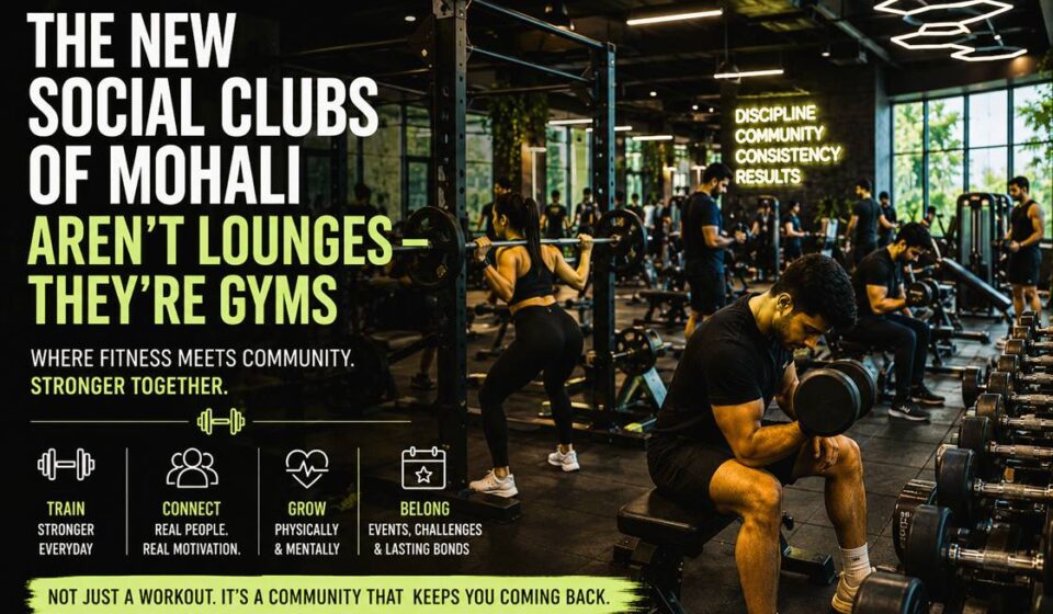 Young professionals socializing inside a modern gym and wellness space in Mohali