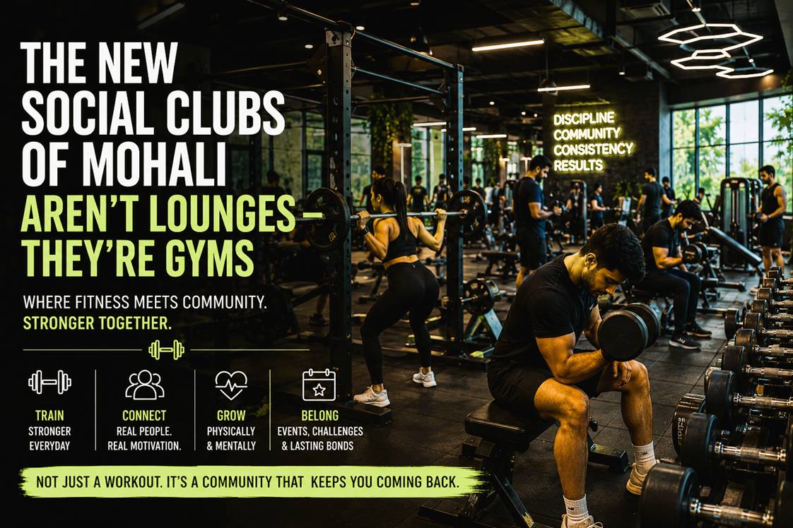 Young professionals socializing inside a modern gym and wellness space in Mohali