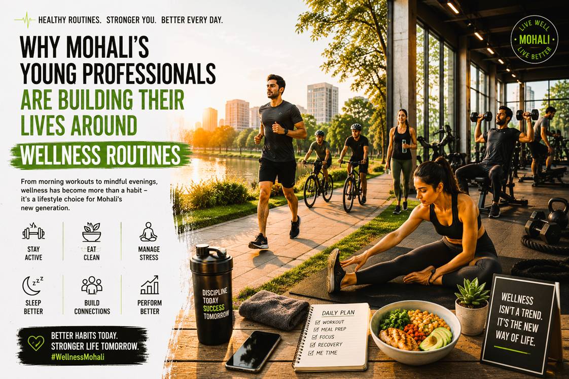 Young professionals in Mohali working out, cycling, and following healthy wellness routines