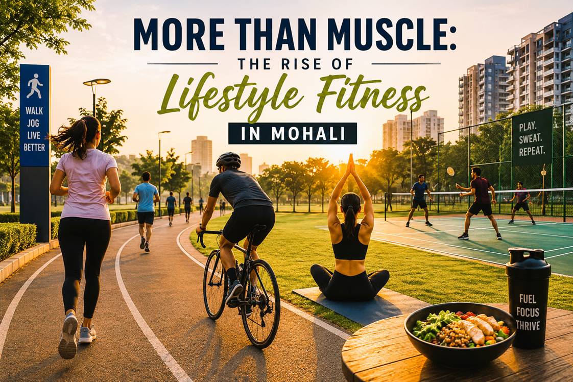People cycling, jogging, playing badminton, and doing outdoor fitness activities in Mohali