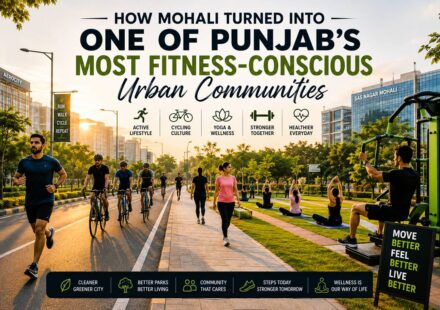 People jogging, cycling, walking, and doing fitness activities across parks and roads in Mohali