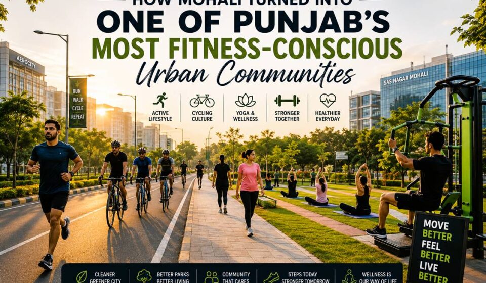 People jogging, cycling, walking, and doing fitness activities across parks and roads in Mohali