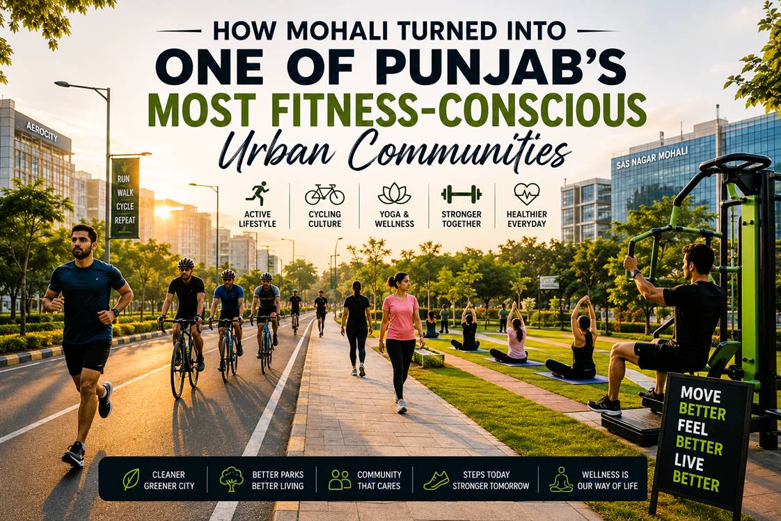 People jogging, cycling, walking, and doing fitness activities across parks and roads in Mohali