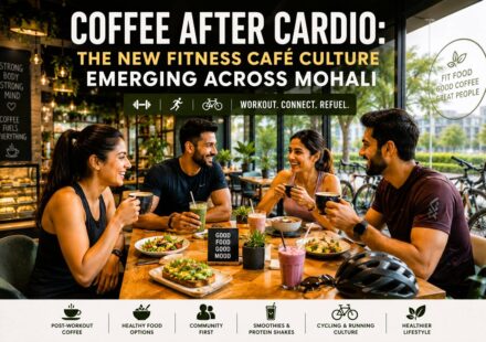 Young cyclists and runners sitting inside a modern healthy café in Mohali after workout sessions