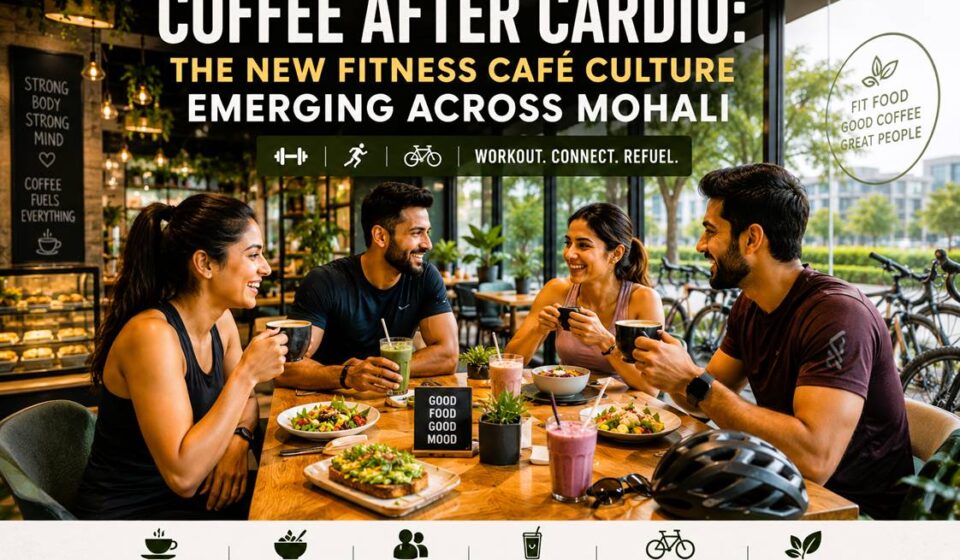 Young cyclists and runners sitting inside a modern healthy café in Mohali after workout sessions