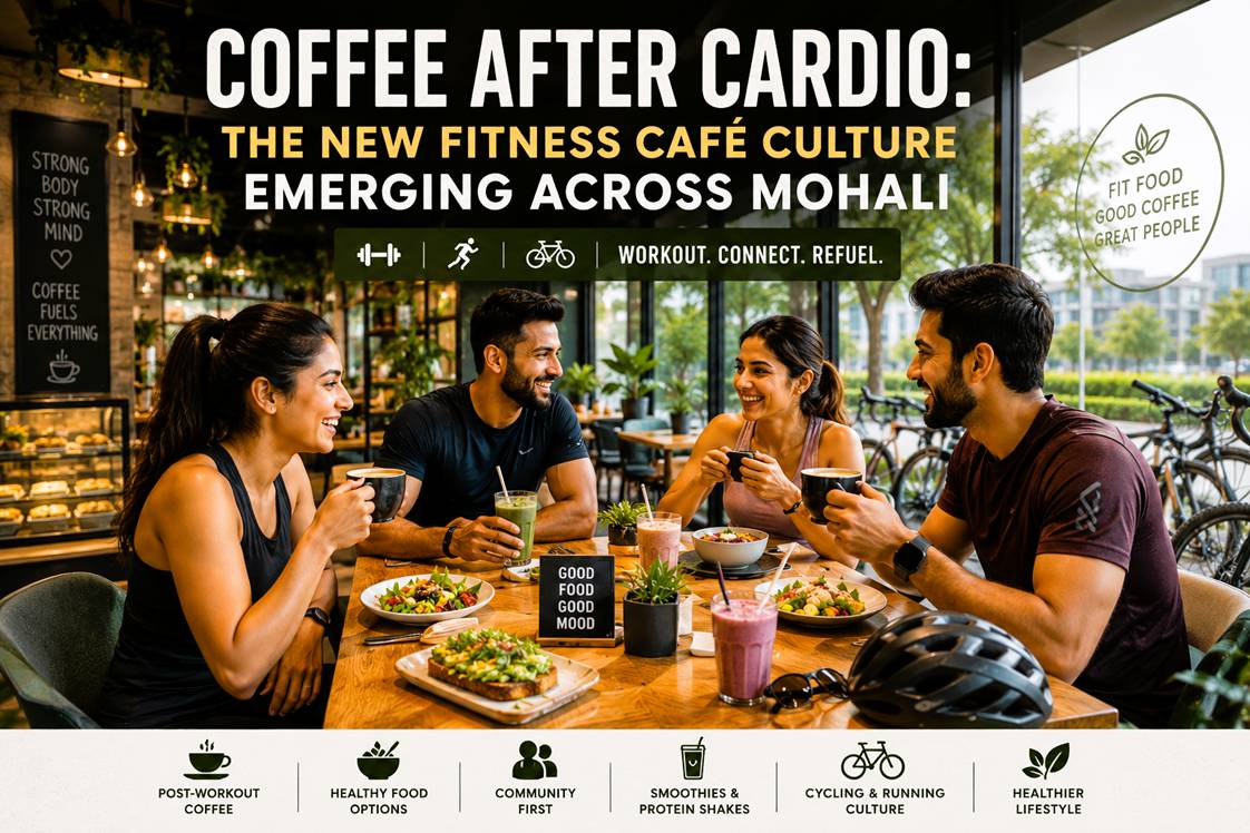 Young cyclists and runners sitting inside a modern healthy café in Mohali after workout sessions
