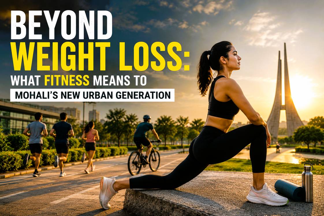 Young professionals in Mohali participating in running, yoga, cycling, and wellness activities