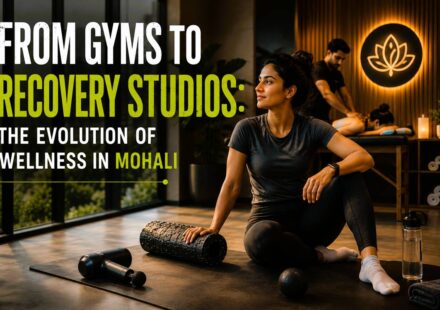 People doing stretching, mobility training, and recovery sessions inside a modern wellness studio in Mohali