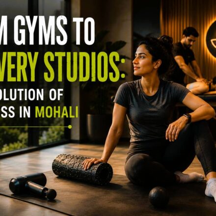 People doing stretching, mobility training, and recovery sessions inside a modern wellness studio in Mohali