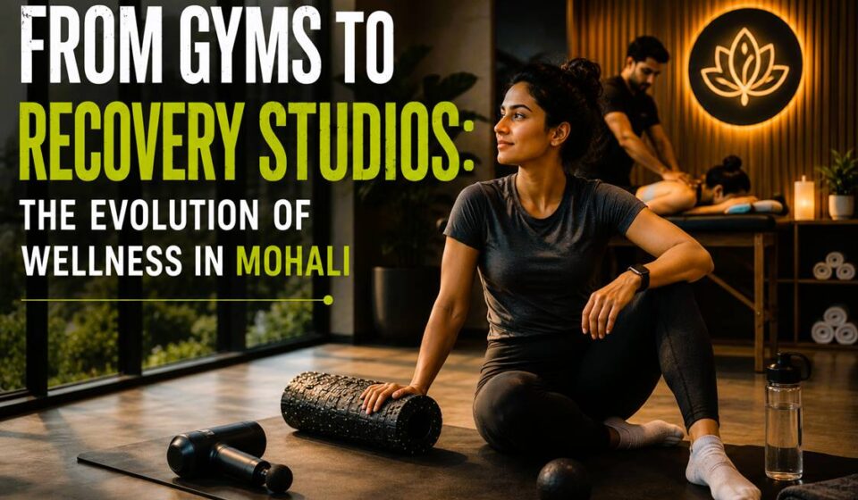 People doing stretching, mobility training, and recovery sessions inside a modern wellness studio in Mohali