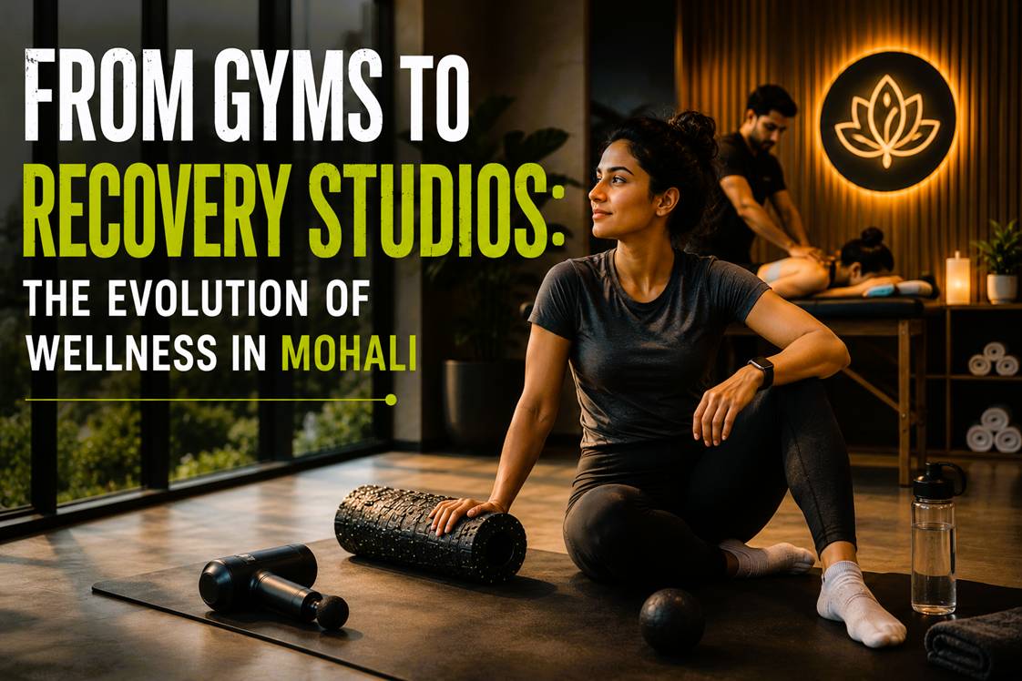 People doing stretching, mobility training, and recovery sessions inside a modern wellness studio in Mohali