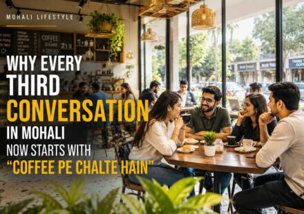 Young people socialising inside a modern café in Mohali during evening hours