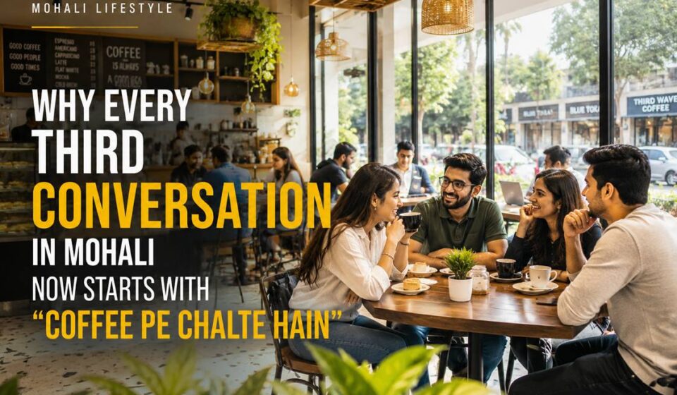 Young people socialising inside a modern café in Mohali during evening hours