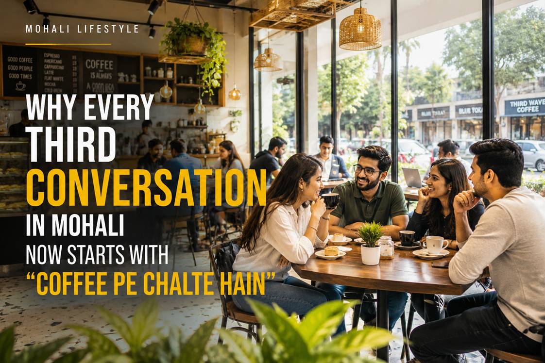 Young people socialising inside a modern café in Mohali during evening hours