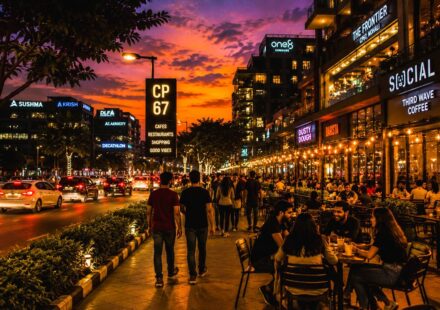 Young crowd enjoying cafés and evening social life in Mohali after sunset