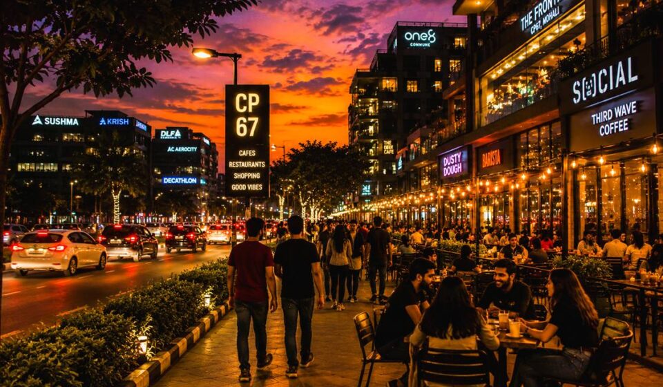 Young crowd enjoying cafés and evening social life in Mohali after sunset